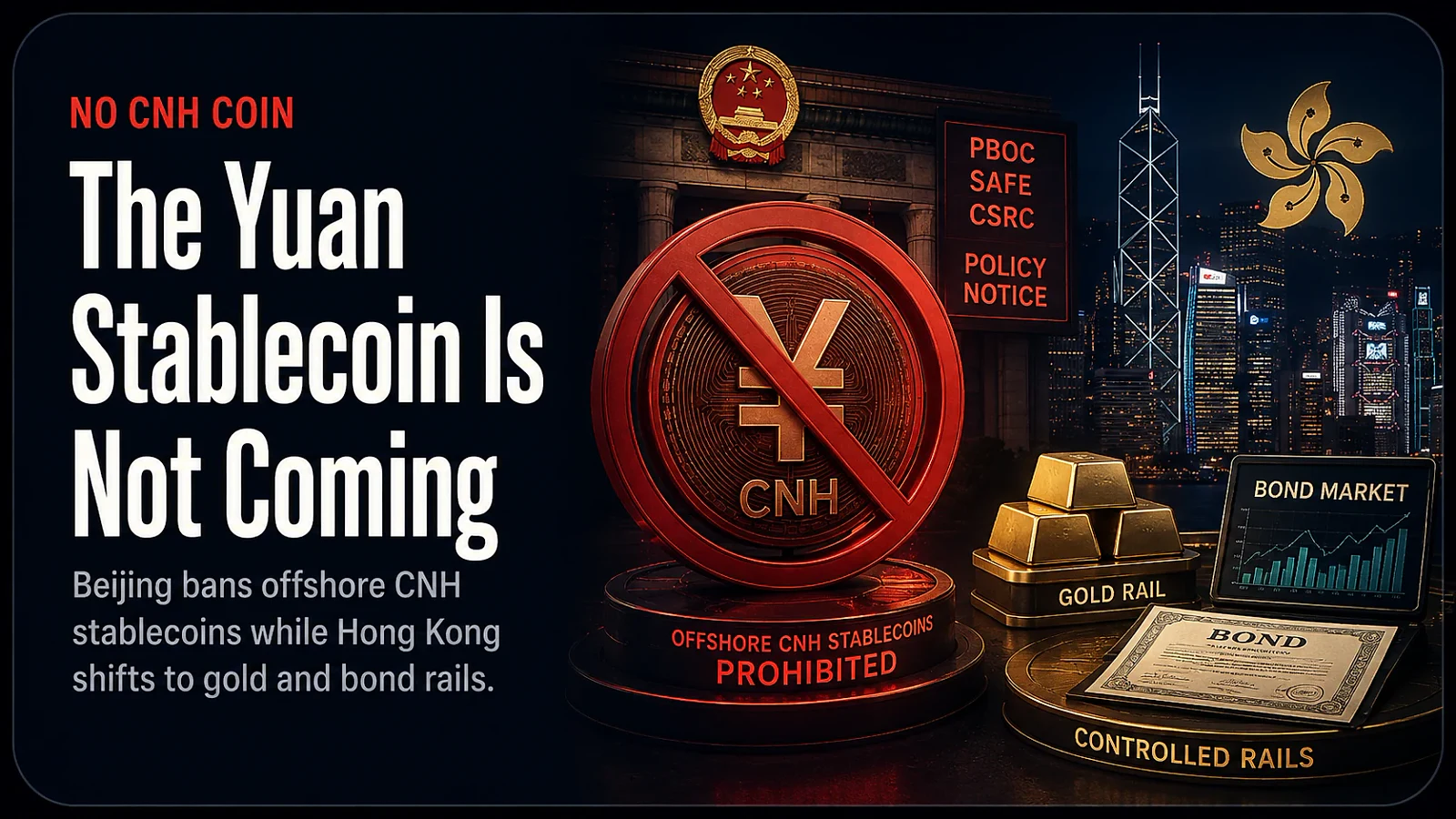 The Yuan Stablecoin Is Not Coming: Beijing Bans Offshore CNH as Hong Kong Pivots to Gold and Bond Rails — editorial cover artwork