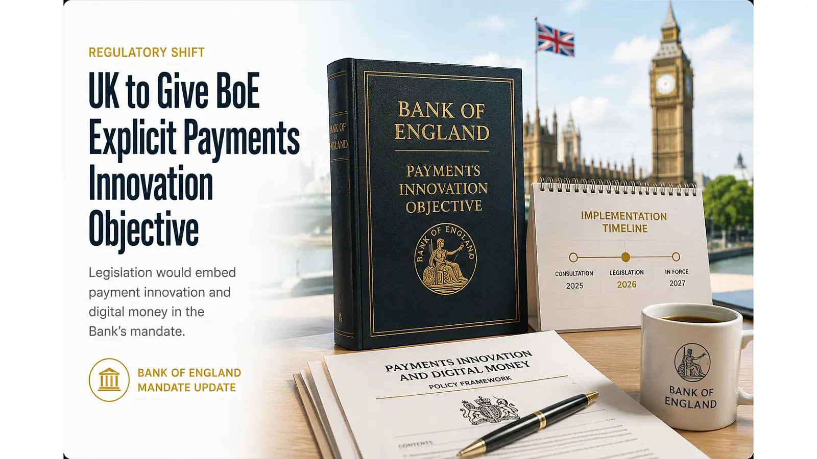 UK plans payments-innovation objective for Bank of England covering stablecoins and digital money — editorial cover artwork