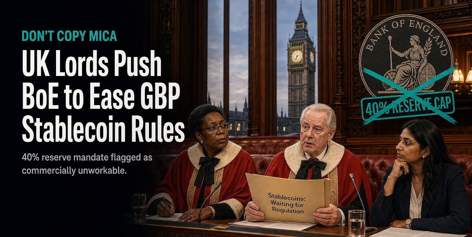 UK House of Lords Tells Bank of England to Ease GBP Stablecoin Rules — editorial cover artwork