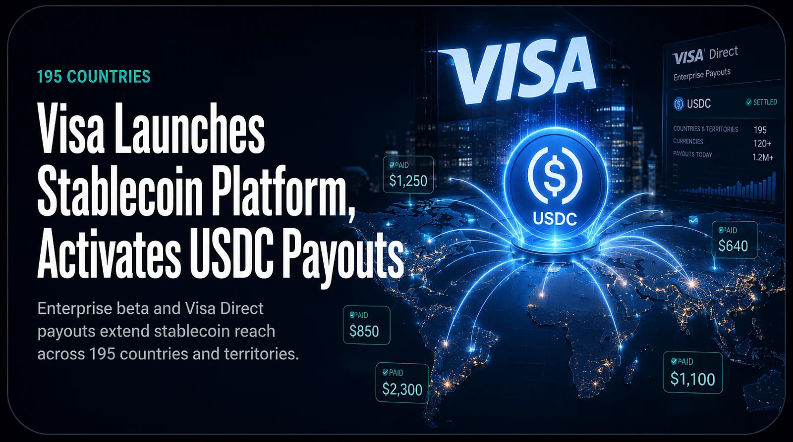 Visa Launches Stablecoin Platform and Activates USDC Payouts Across 195 Countries — editorial cover artwork