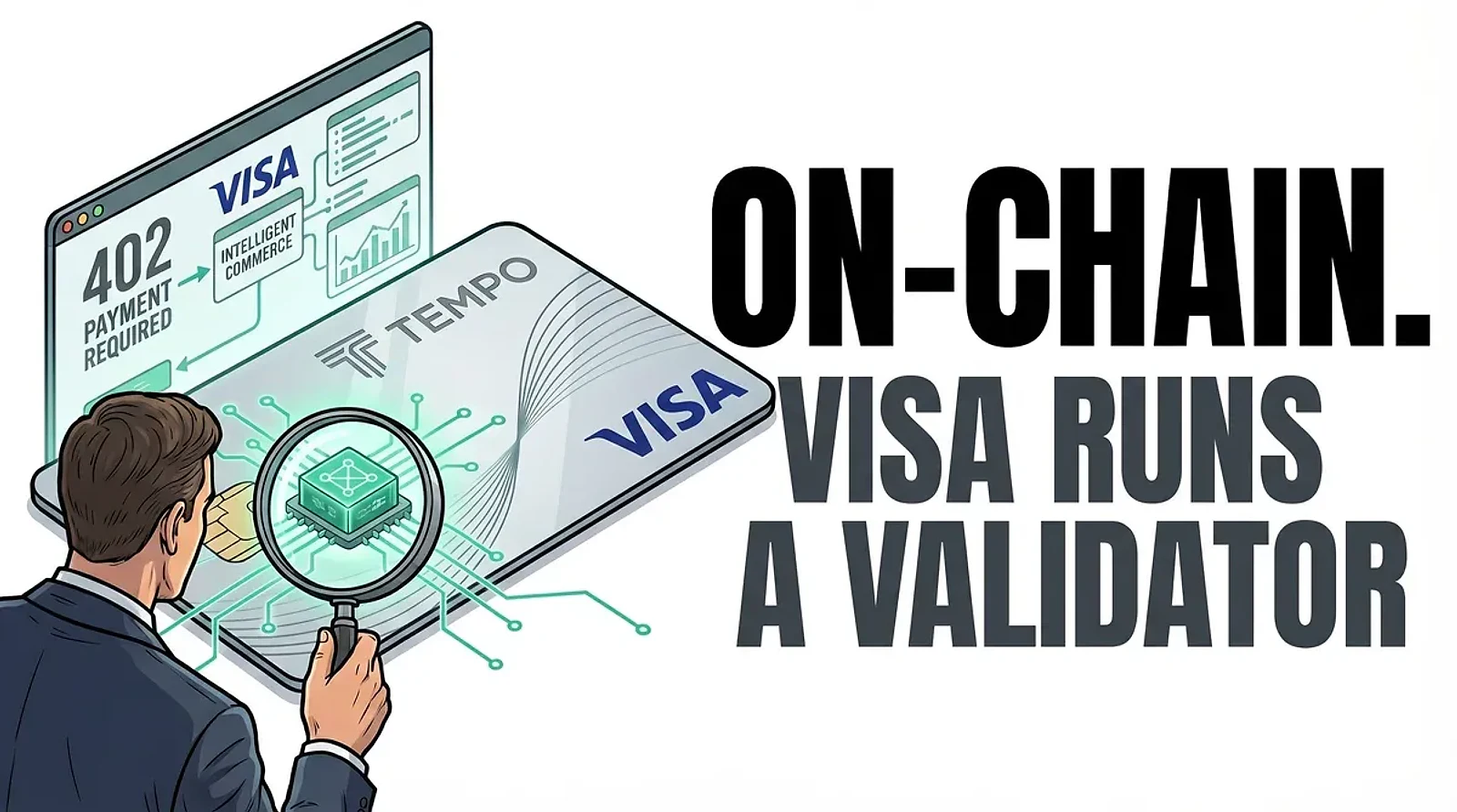 Visa Makes Two On-Chain Moves in One Week: Tempo Validator Node and AI Agent Card Payments via x402 — editorial cover artwork