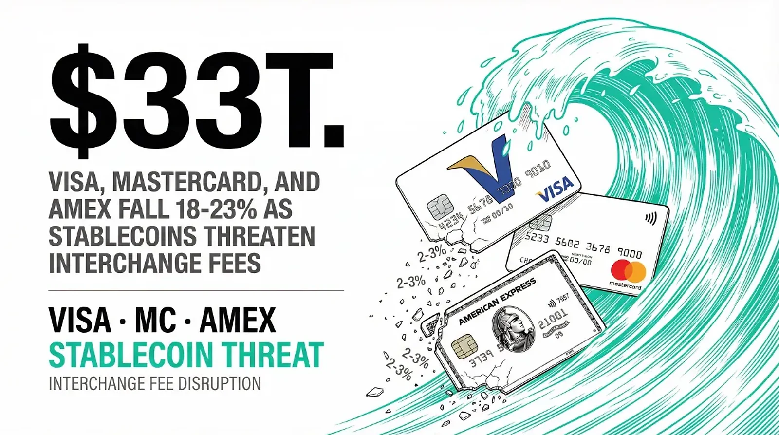 Visa, Mastercard, and Amex Fall 18-23% as Stablecoin Volumes Hit $33 Trillion, Threatening Interchange Fee Model — editorial cover artwork