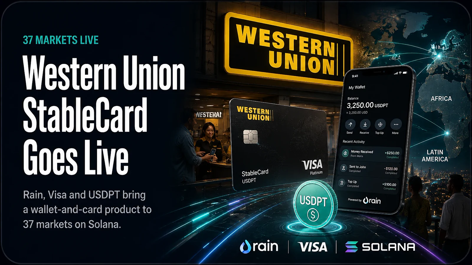 Western Union StableCard Goes Live in 37 Markets on Solana with Rain and USDPT — editorial cover artwork