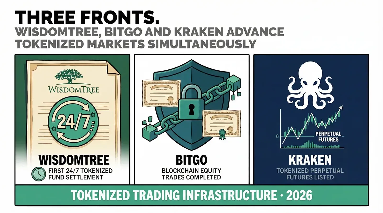 WisdomTree, BitGo, and Kraken Advance Tokenized Trading Infrastructure — editorial cover artwork