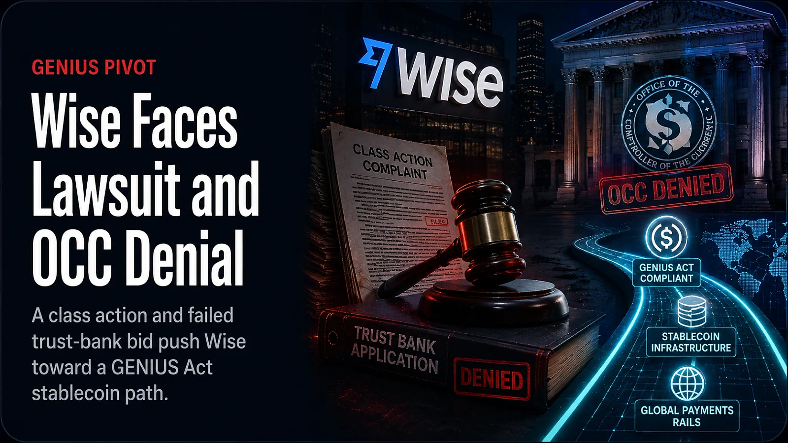 Wise Faces Class Action and OCC Trust Bank Denial, Pivots to GENIUS Act Stablecoin Path — editorial cover artwork
