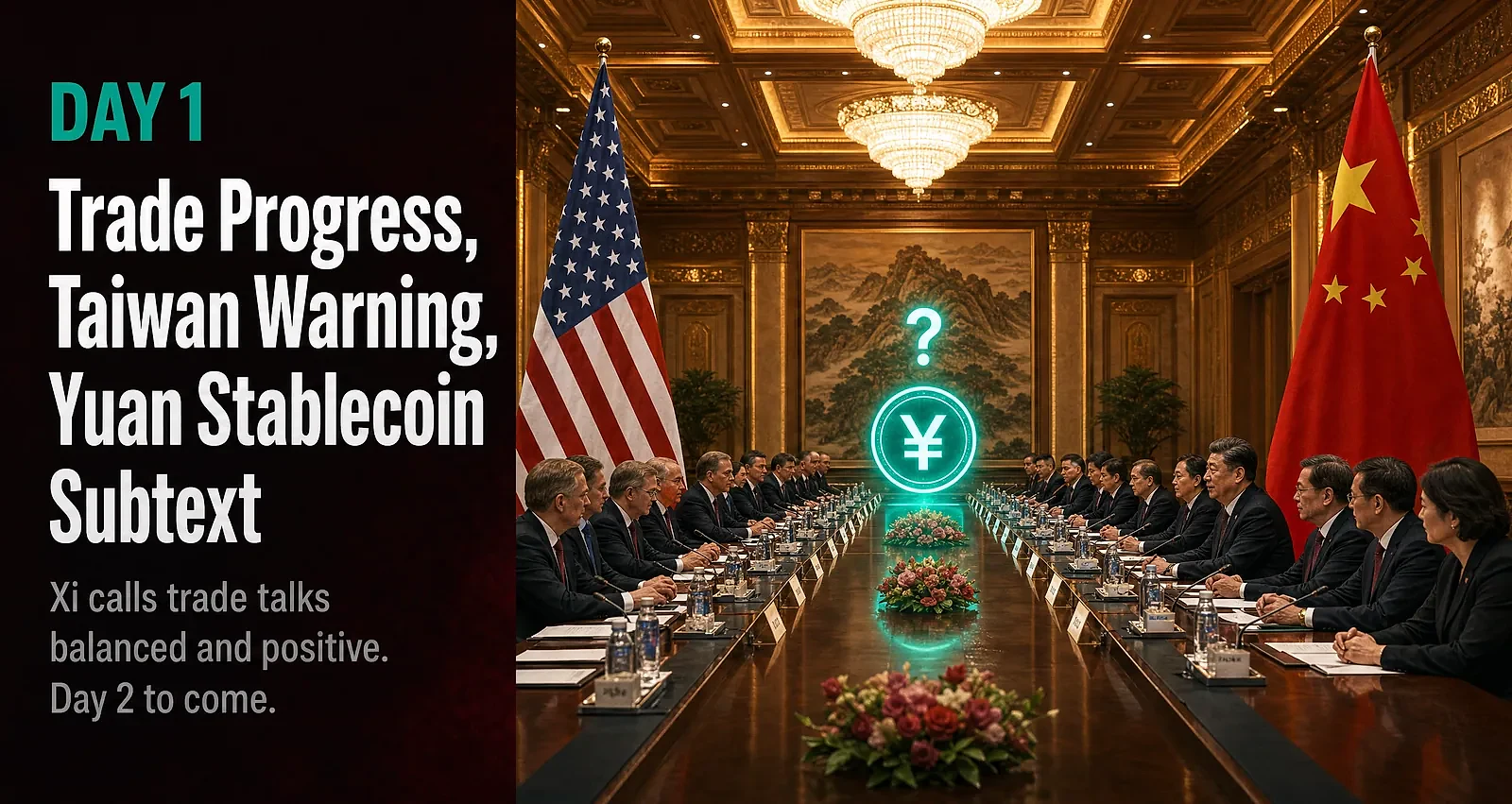 Xi-Trump Summit Day 1: Trade Progress, Taiwan Warning, and the Yuan Stablecoin Subtext — editorial cover artwork