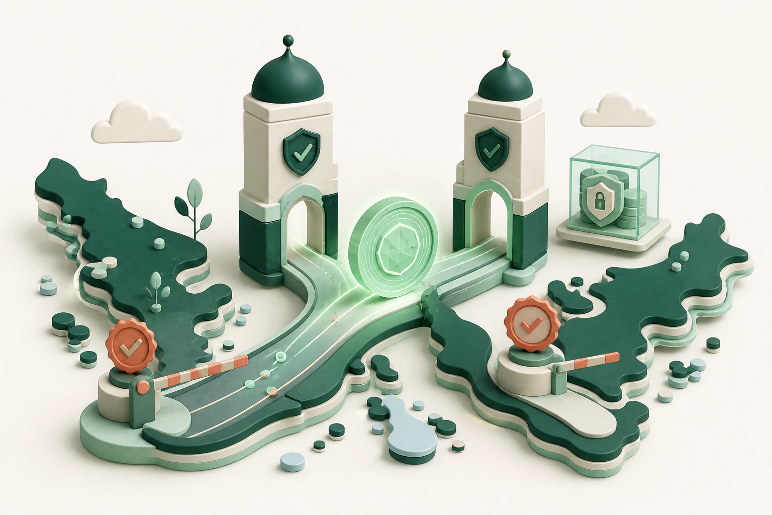 An editorial illustration of Malaysia's dual regulatory system guiding digital money through compliance checkpoints