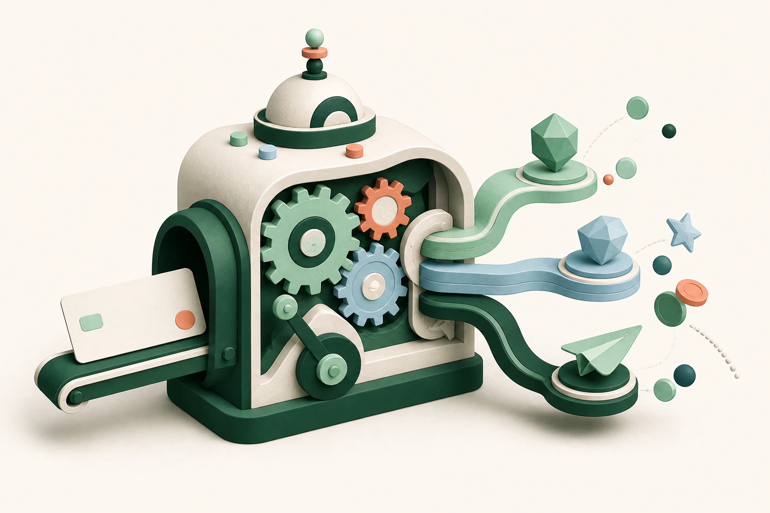 An editorial illustration of a payment card moving through a rewards machine with branching benefits