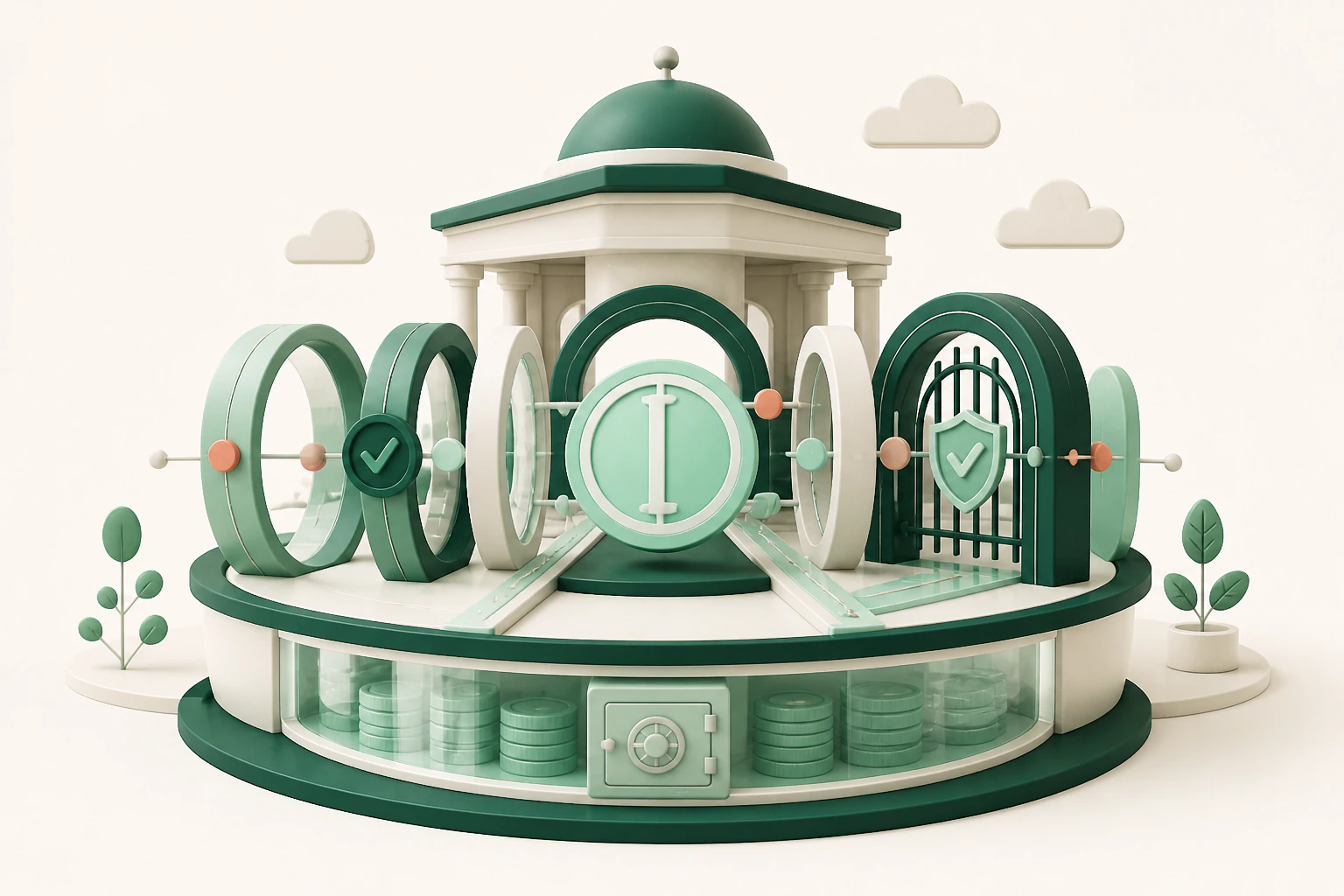 An editorial illustration of stablecoins passing through policy gates into a protected reserve vault