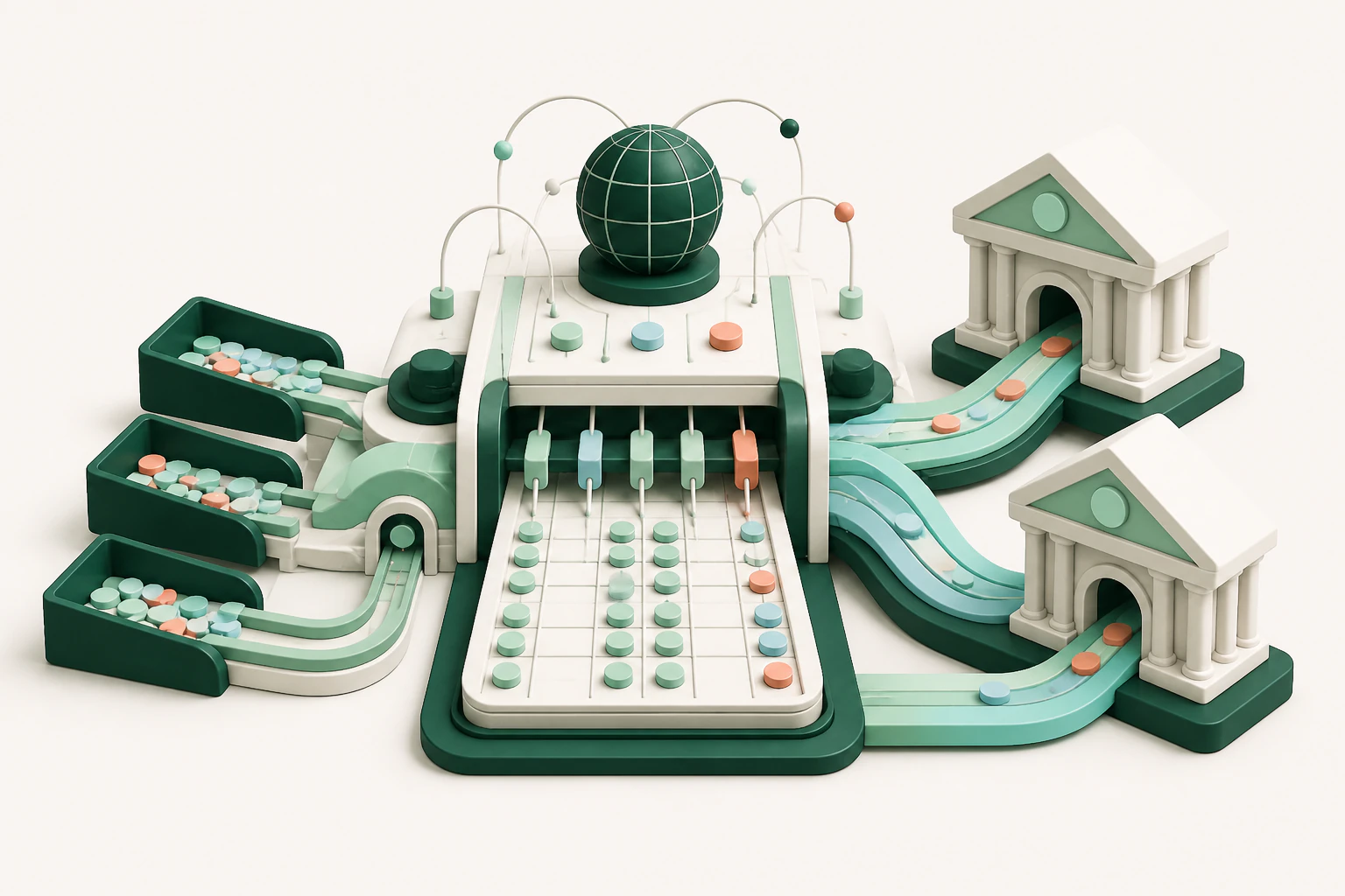 An editorial illustration of bank payments being sorted and cleared in batches