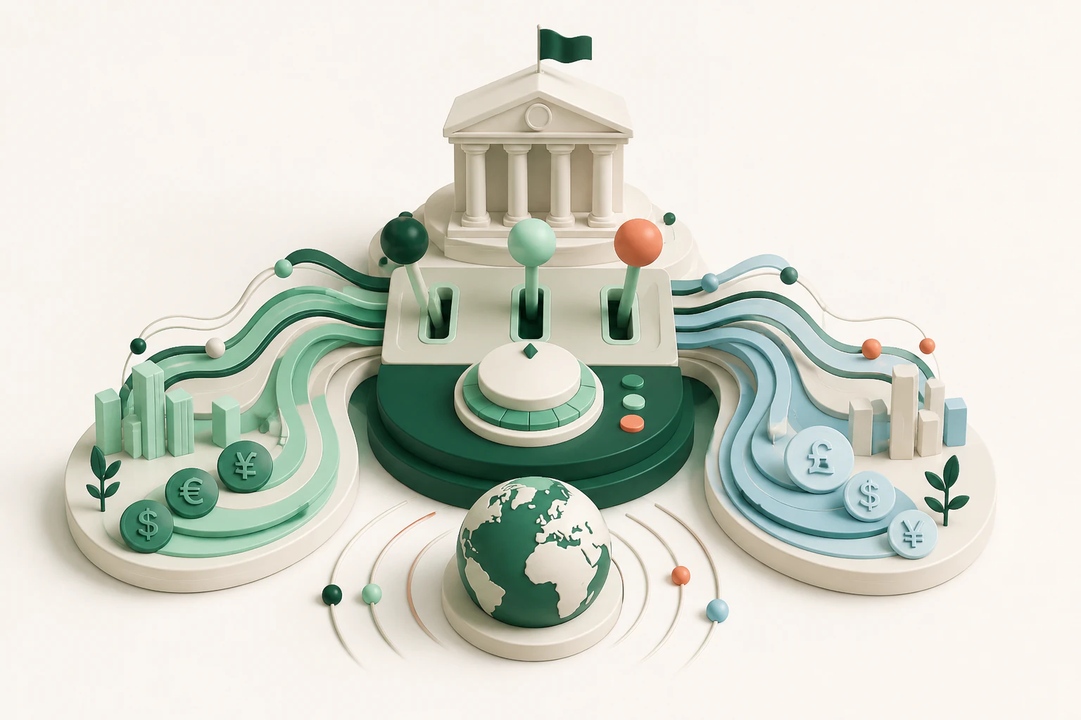 An editorial illustration of a central bank control room directing global currency flows
