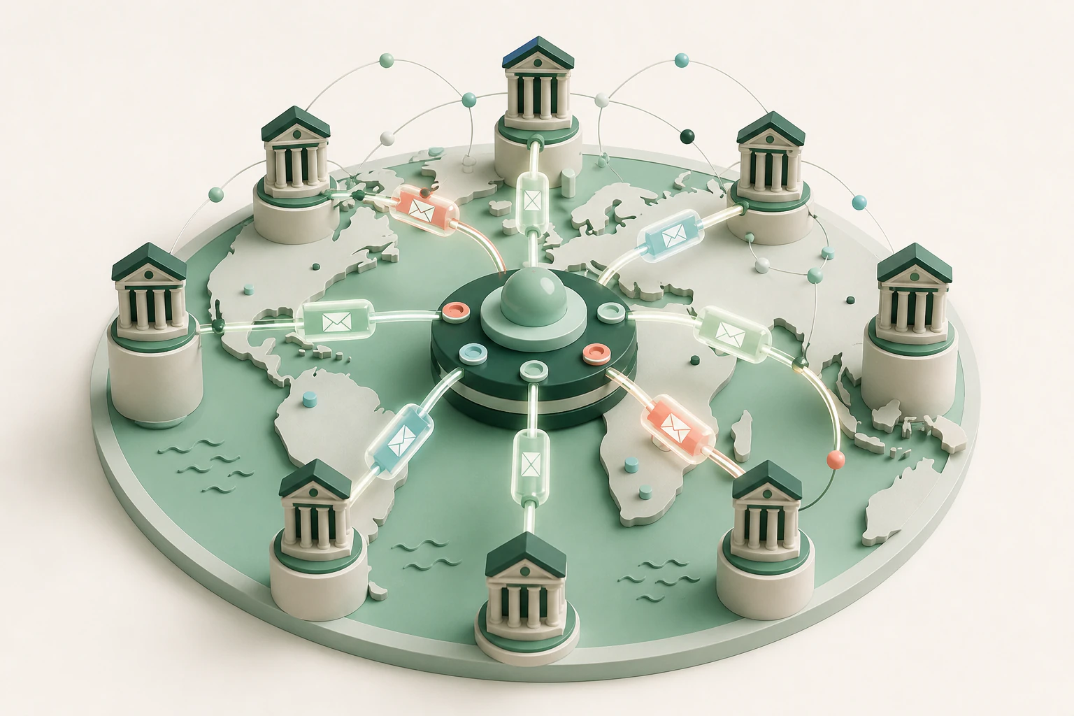 An editorial illustration of secure financial messages travelling between banks around the world