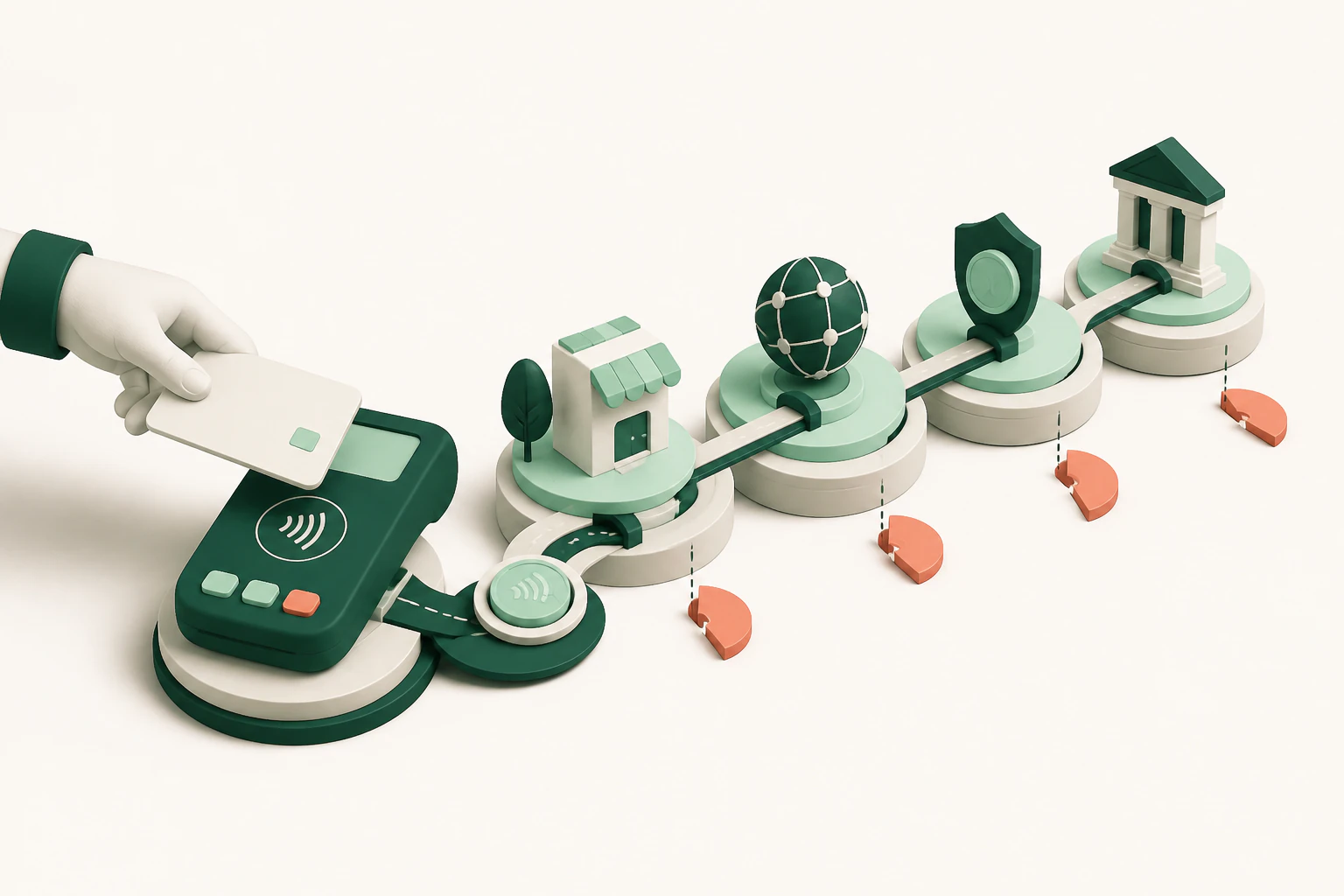 An editorial illustration tracing a card payment and its fee shares across the payment ecosystem
