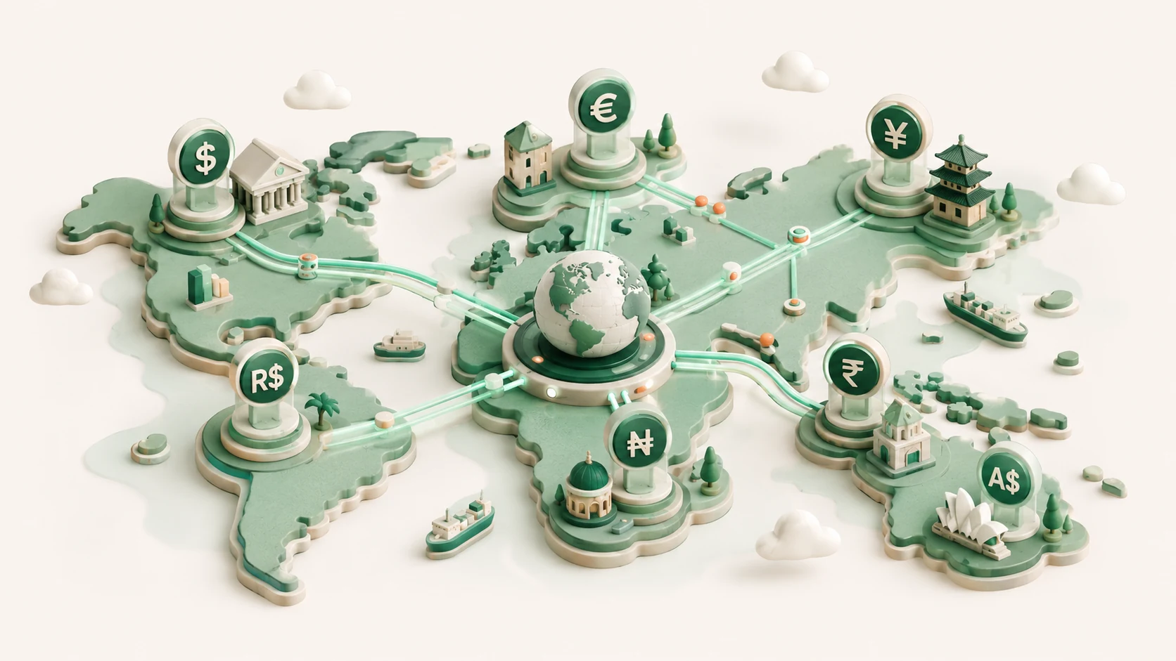 An editorial illustration of euro, real, yen and Singapore-dollar stablecoin markets connected across a world map