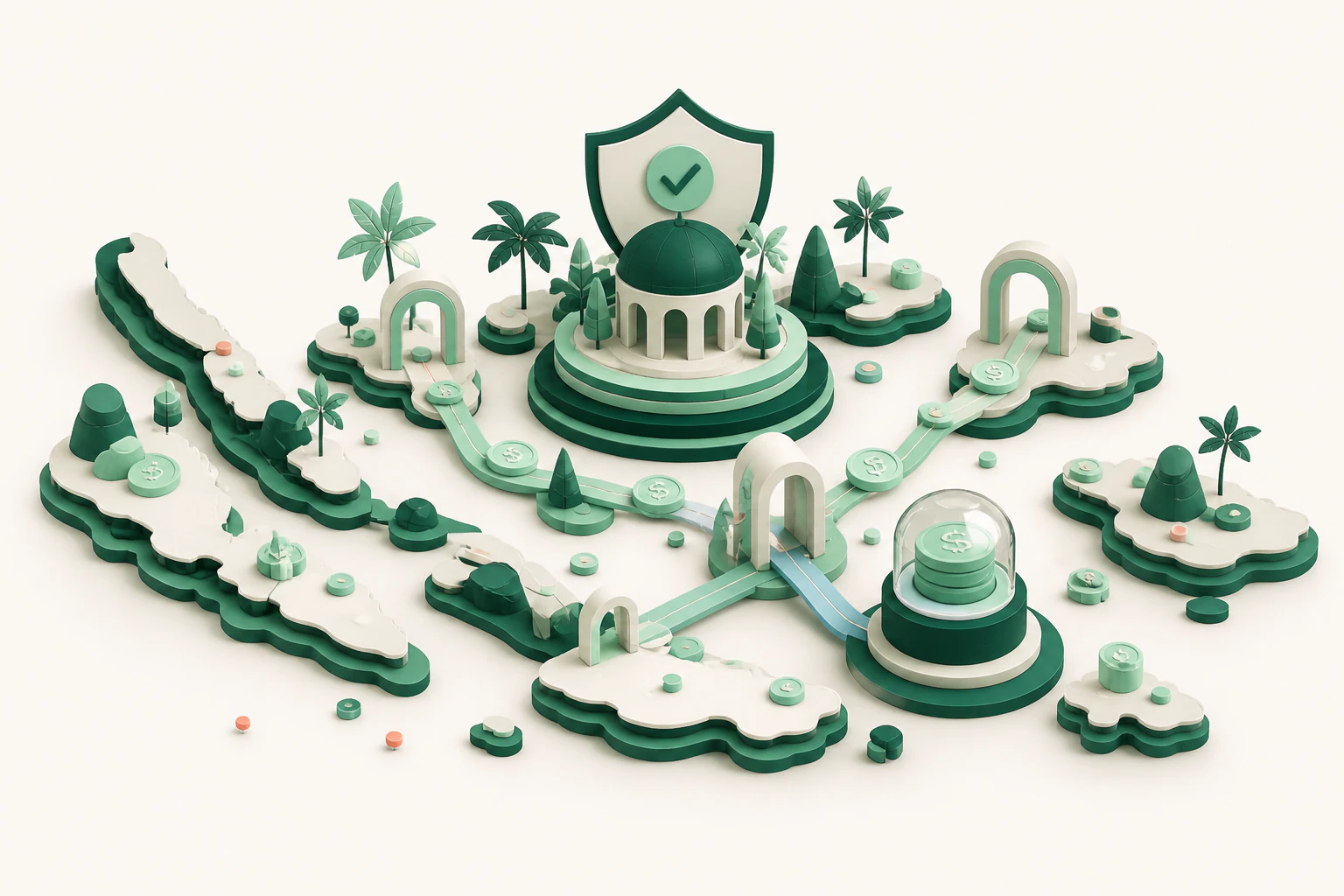 An editorial illustration of Indonesia's islands connected to a supervised stablecoin hub