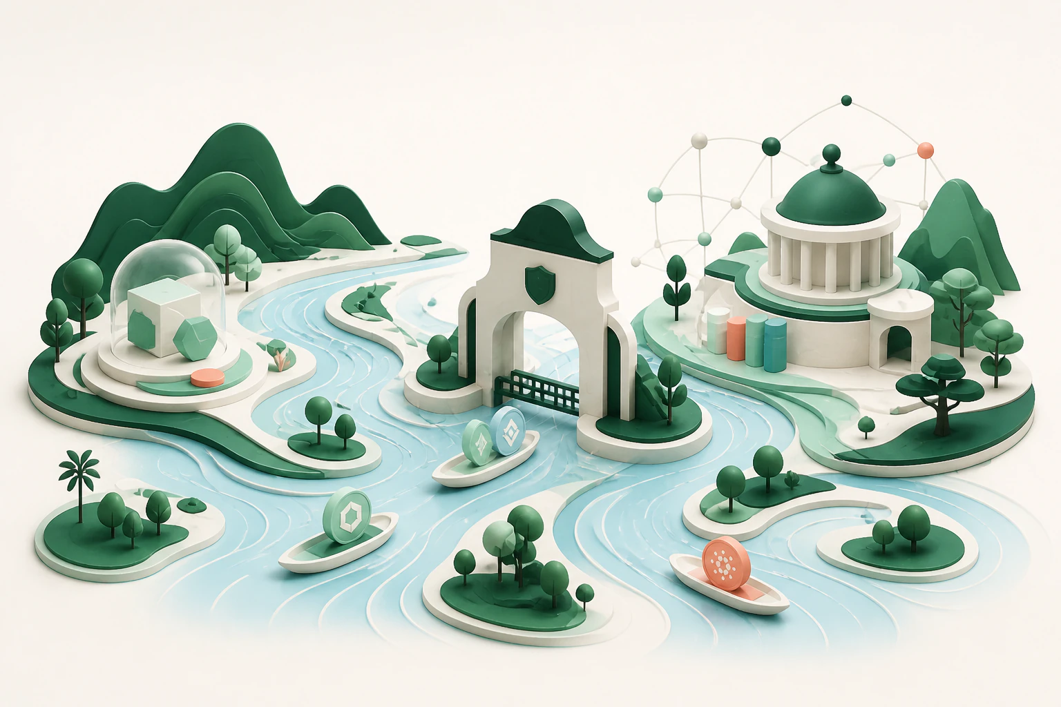 An editorial illustration of digital assets moving along a Vietnamese river through policy checkpoints