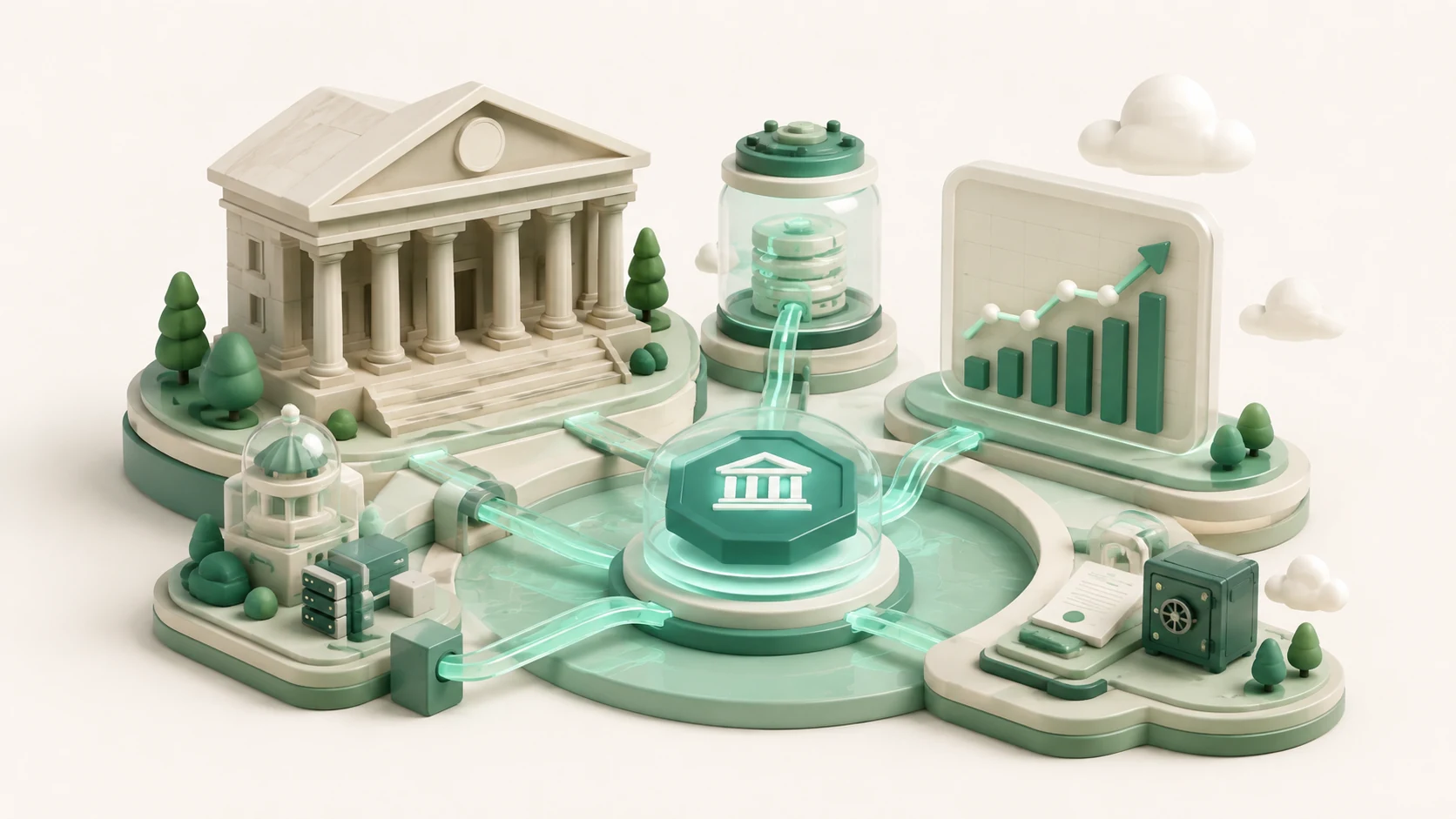 An editorial illustration of reserve assets, payment infrastructure and revenue flowing through stablecoin business models