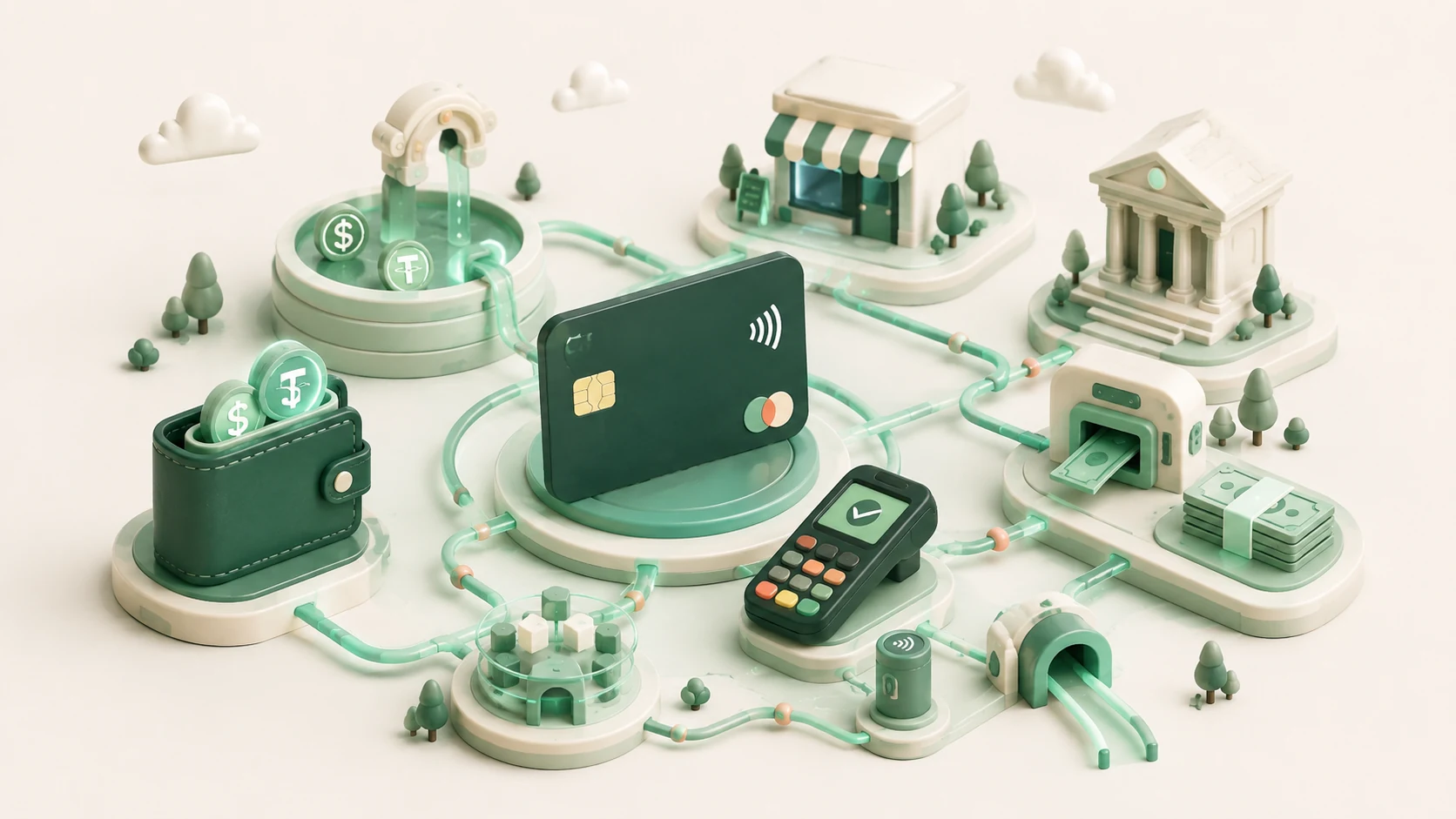 An editorial illustration of a stablecoin wallet funding a card payment across bank and merchant infrastructure