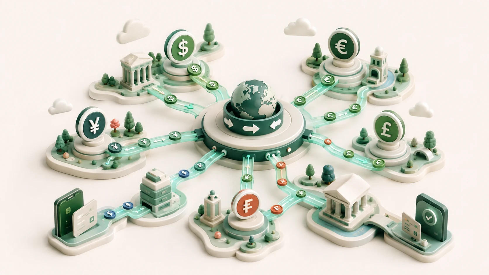 An editorial illustration of dollar, euro, yen, pound and real stablecoins exchanging through an on-chain FX hub