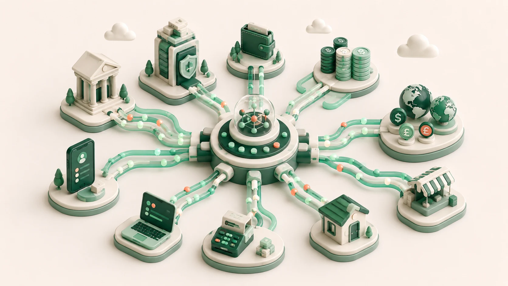 An editorial illustration of a routing engine orchestrating stablecoin, bank, wallet and local payout paths