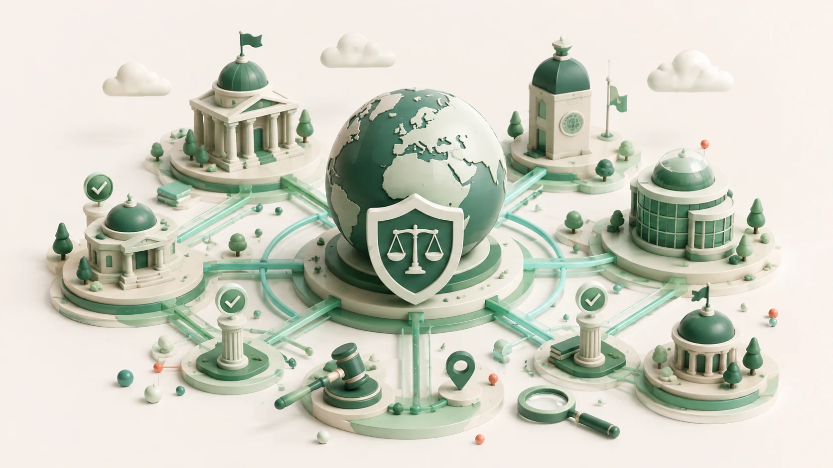 An editorial illustration of global regulators and legal frameworks surrounding stablecoin infrastructure