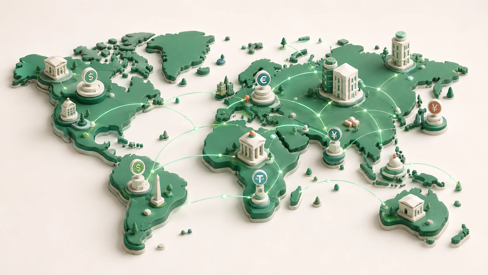 An editorial illustration of stablecoin payment routes connecting banks and businesses across a world map