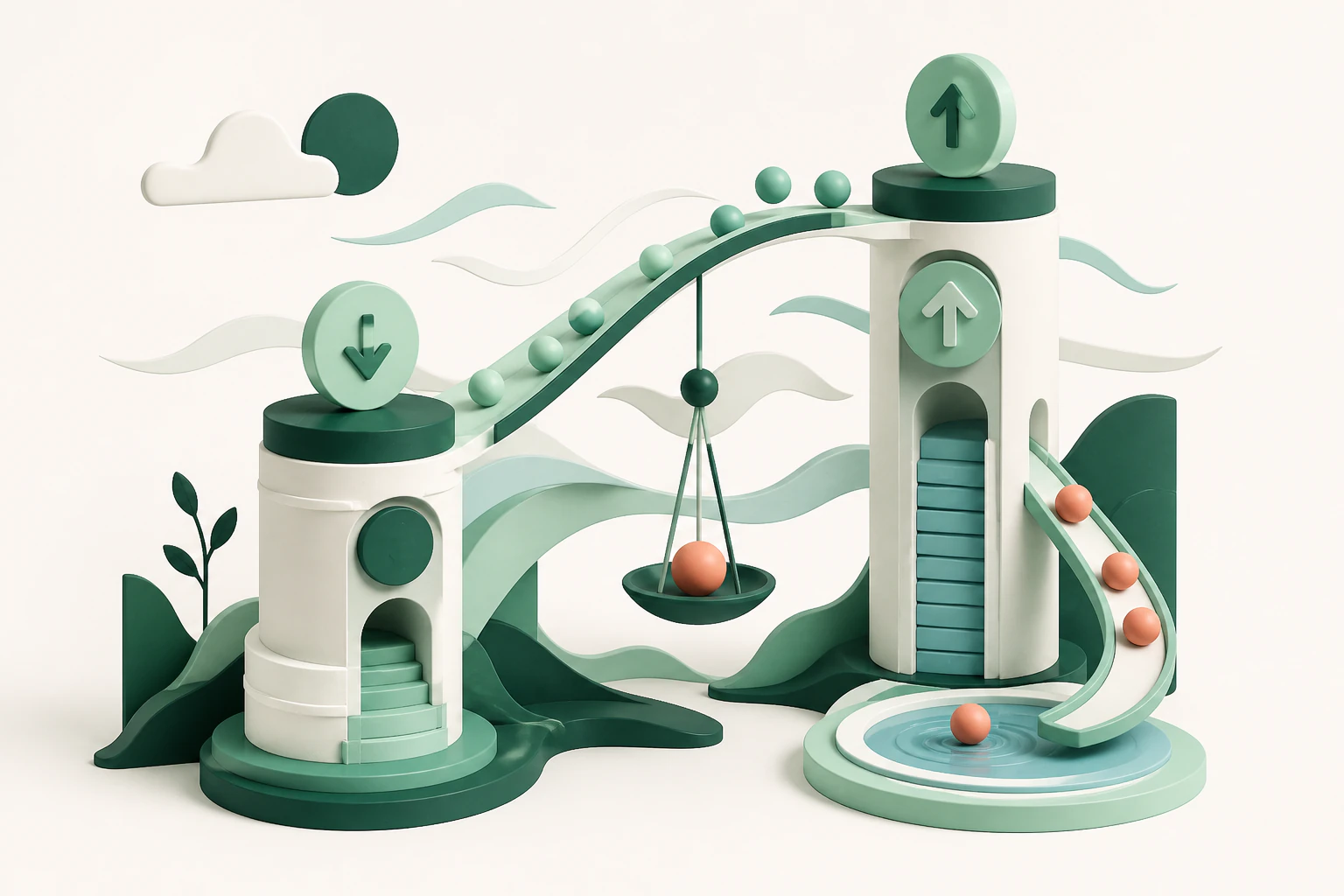 An editorial illustration of capital moving between low-rate and high-rate markets across a balancing bridge