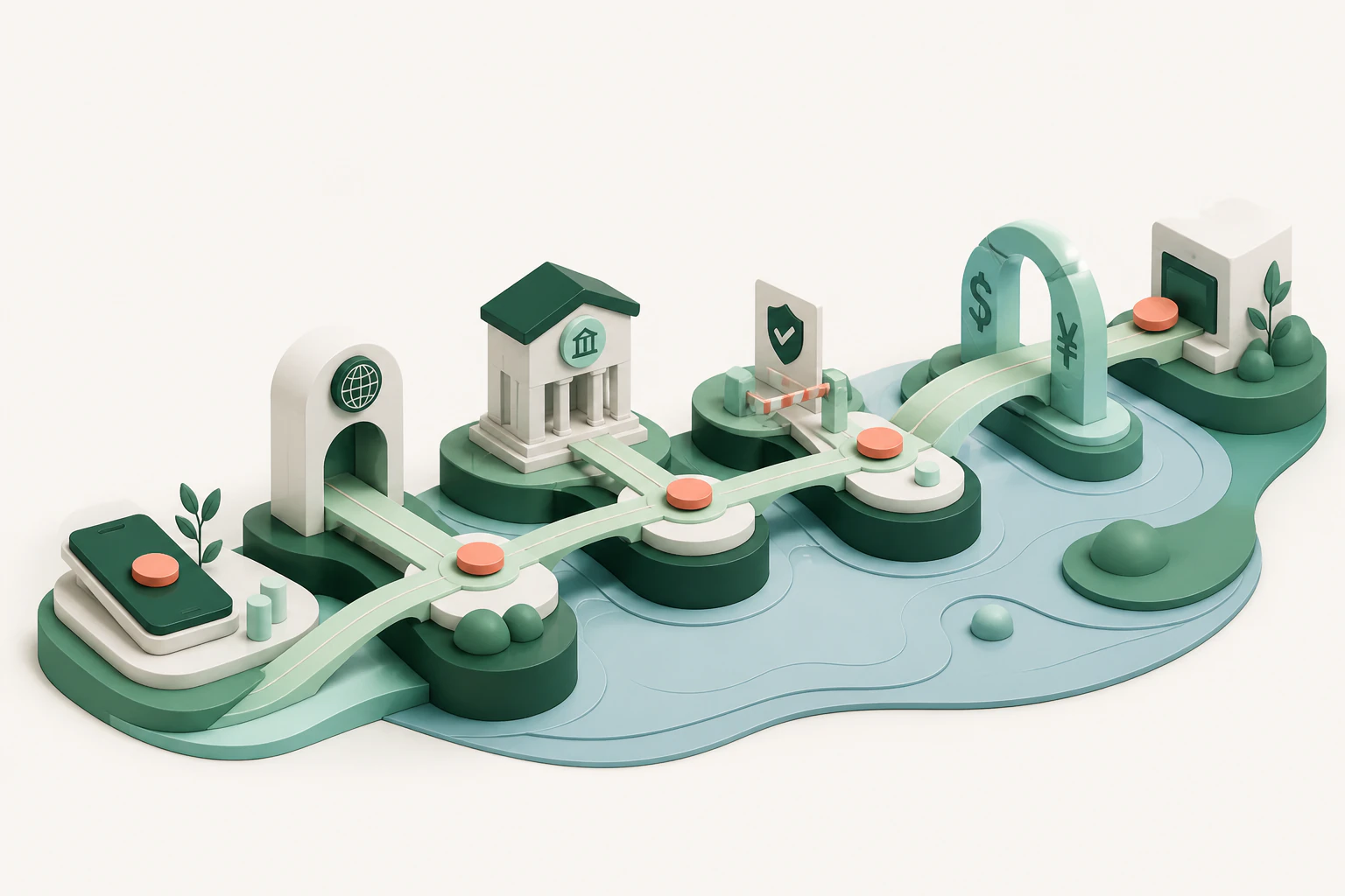 An editorial illustration tracing a payment from a phone through banks and compliance gates to another country