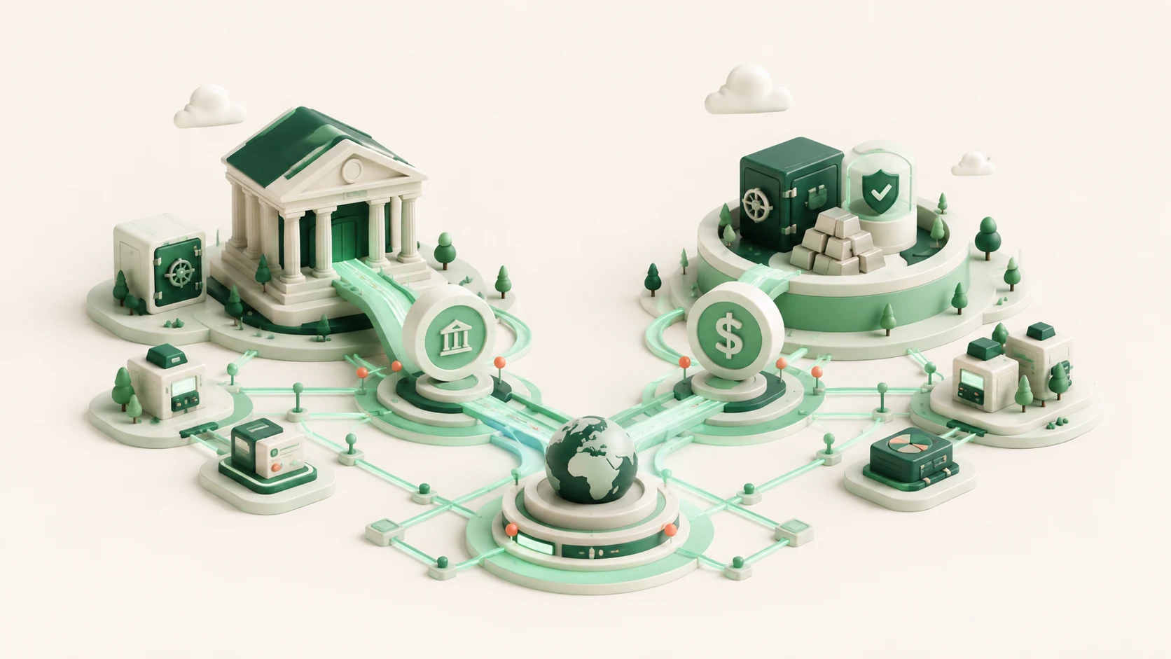 An editorial illustration comparing bank-issued tokenized deposits with reserve-backed stablecoins