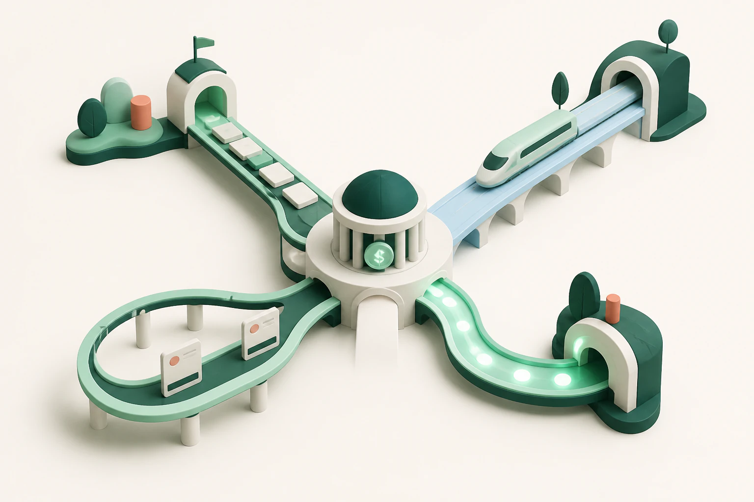 An editorial illustration of cards, bank transfers, and instant payments meeting at a financial transit hub