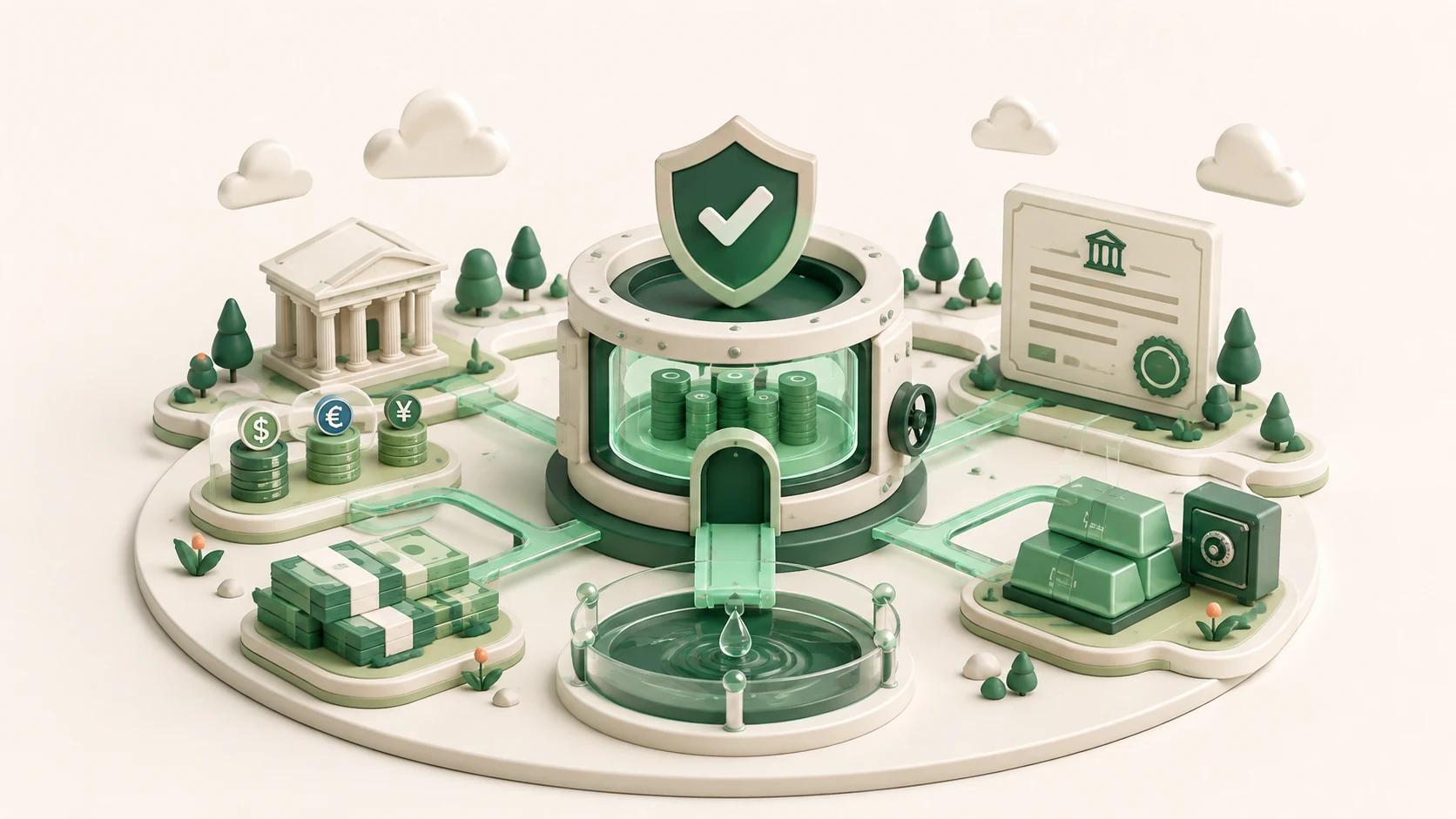 An editorial illustration of stablecoin reserves protected by cash, Treasury bills and transparent reporting