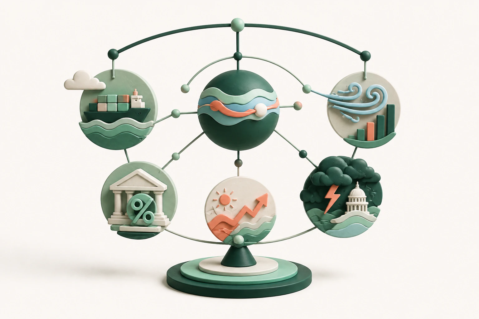 An editorial illustration balancing trade, interest rates, inflation, sentiment, and political risk around currencies